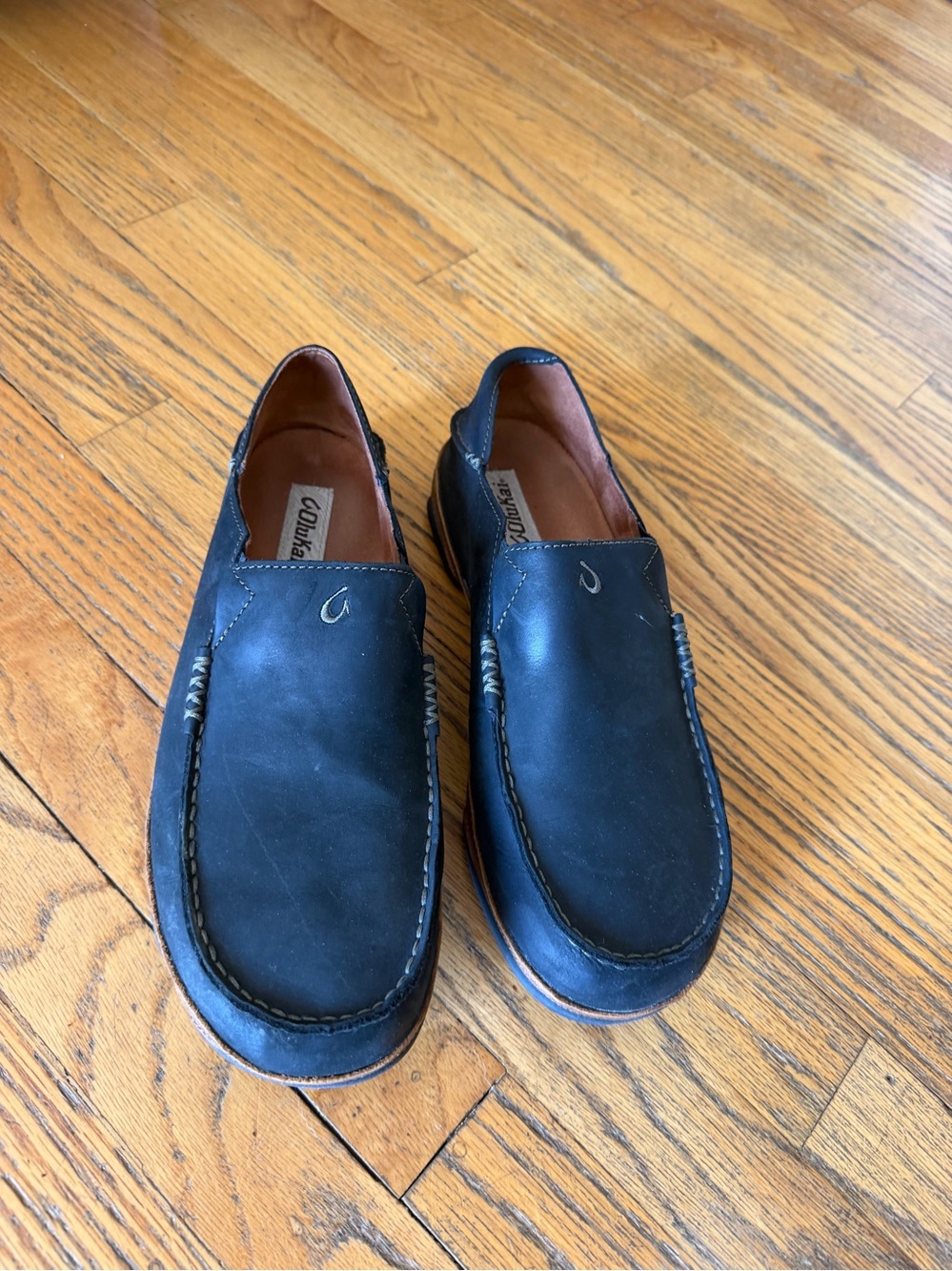 OluKai Men's Black Leather Slip-On Loafers